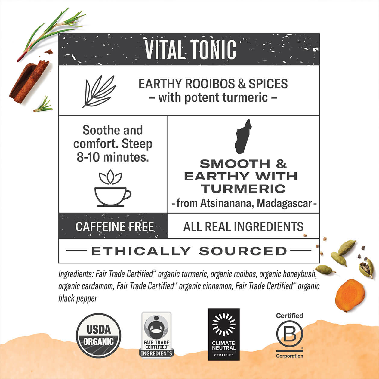 Infographic about Turmeric Amber Sun: steep 8-10 minutes, origin: Madagascar, caffeine free, all real ingredients, ethically sourced