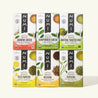 Jasmine Green, Gunpowder Green, Matcha Toasted Rice, Yuzu Bancha, Hojicha, and Kukicha teas stacked on a cream background