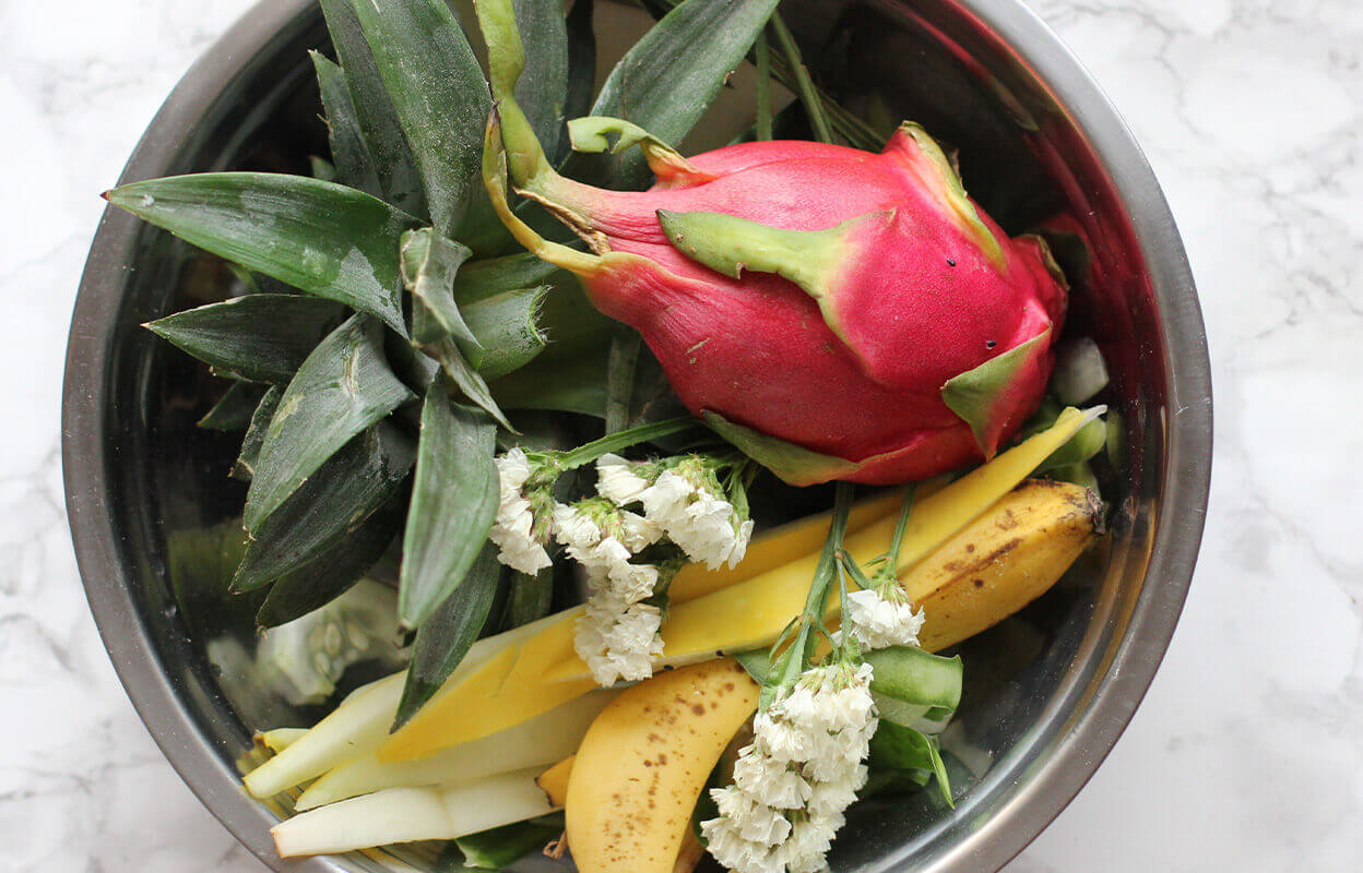 Home compost stored on a marble countertop