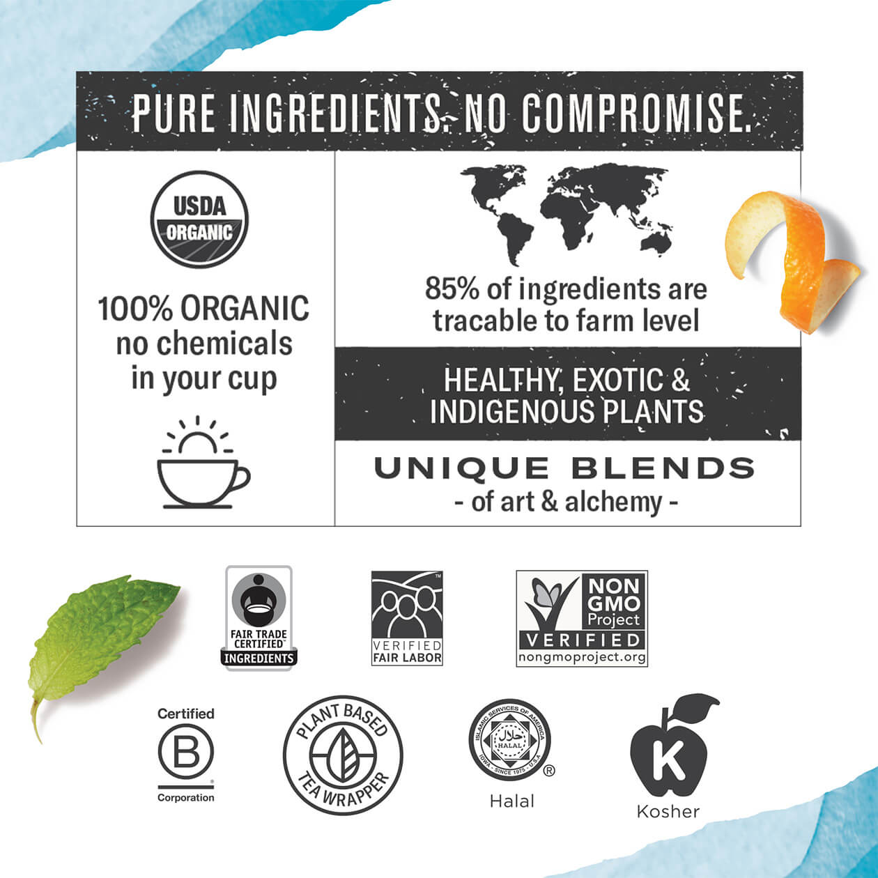 An infographic that depicts all of Numi's organic, Fair Trade, Fair Labor, Climate Neutral, B Corp, and other certifications