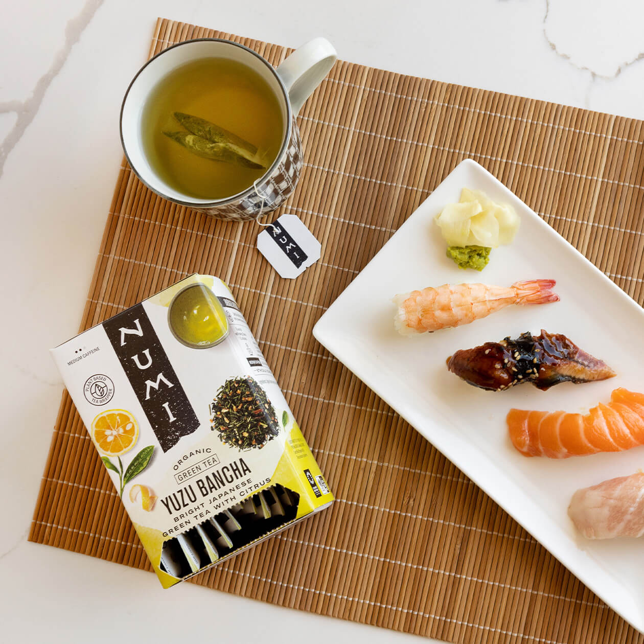 Numi Yuzu Bancha tea paired with nigiri sushi